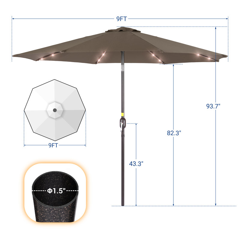 Parasol de marché 9 pi avec lumières DEL, cadre de table résistant aux intempéries, Taupe