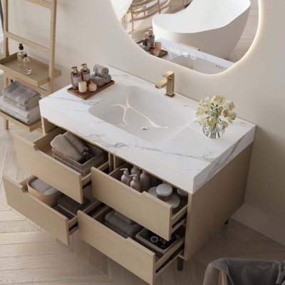 Meuble-lavabo moderne avec lavabo sous comptoir, plateau en pierre frittée, bois massif multi-couches imperméable, rangement à 4 tiroirs, autoportant / mural
