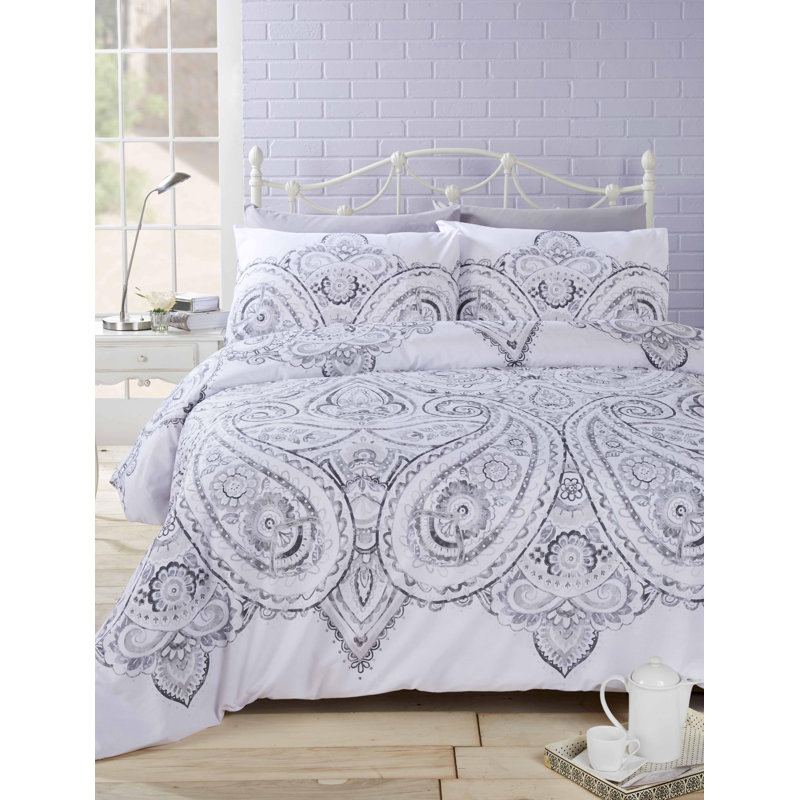 Spickard Paisley Duvet Cover Set with Pillowcases, Grey, Kingsize Duvet Cover + 2 Standard Pillowcases
