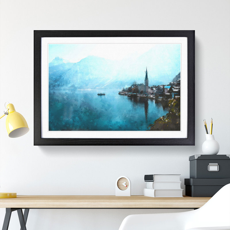 Boat In Hallstatt Austria Painting - Single Picture Frame Print on MDF, Black, 62cm H x 87cm W x 2cm D