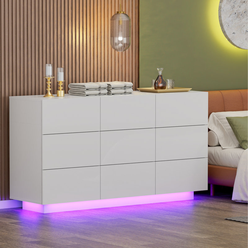 Kimbereley 9 Drawer 55.1" W High Gloss Dresser With Led Light, White