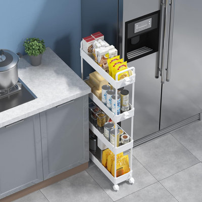 Slim Rolling Storage Cart Skinny Bathroom Organizer, 4 Tier, White | Thin utility cart with wheels