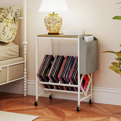 Support à roulettes à 2 niveaux pour platine vinyle avec rangement pour disques et porte-revues, naturel