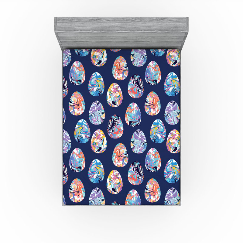 Ambesonne Easter Themed Fitted Sheet Psychedelic Egg Art Indigo Multicolor, King Fitted Sheet