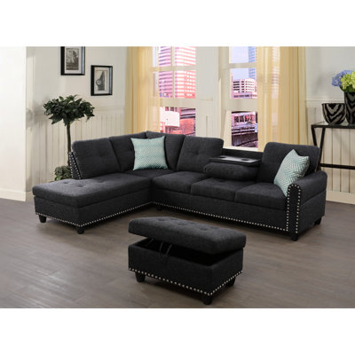 Charcoal Grey Linen Sectional With Storage - 98" Left Hand Facing Foam Padded Chaise