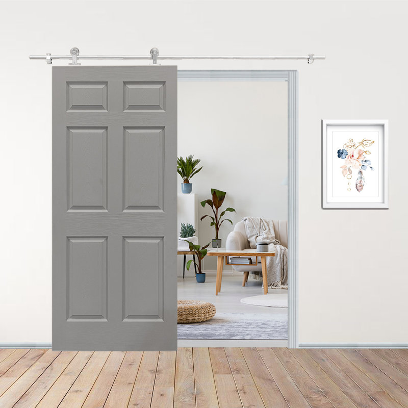 30 In. X 80 In. Light Grey Painted Finished Composite MDF 6 Panel Interiorsliding  Barn Door With Hardware Kit, 30" x 84"