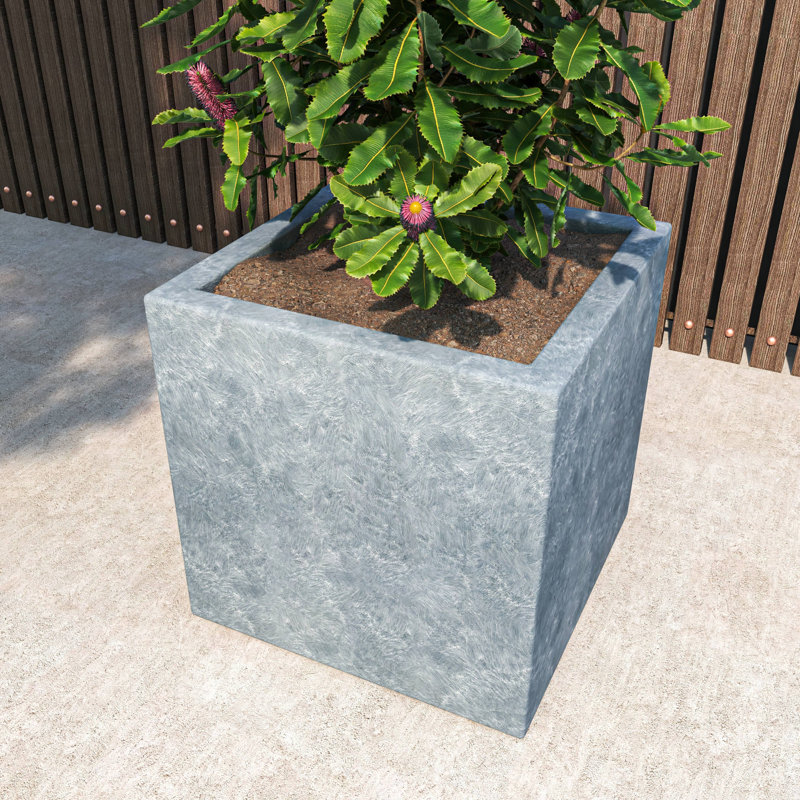 Urta Square Fiberstone Planter Modern Handmade MGO Clay Plant Pot with Drainage Holes for Indoor & Outdoor Use, Gray