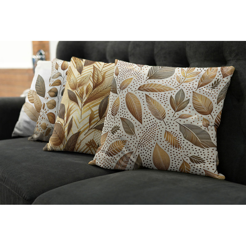 Ginger Brown and Cream Leaf Print Polyester Pillow Covers, 20" x 20", Set of 4