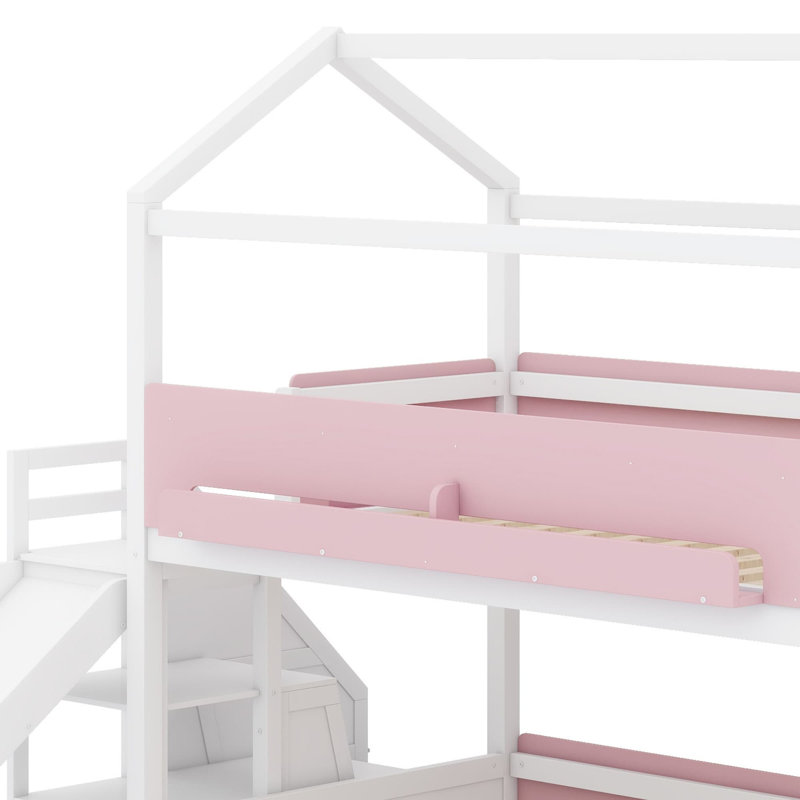 Structure de lit superposé avec glissade et escalier de rangement intégré Playful House, Blanc + rose