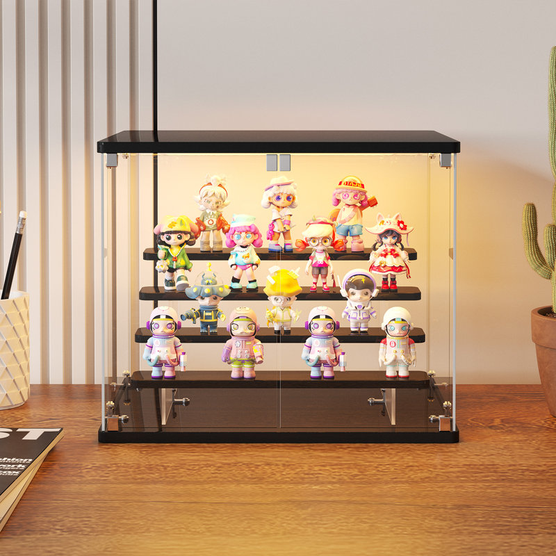 Vitrine en verre avec lumières RVB à intensité variable, tablettes à 4 niveaux, Noir