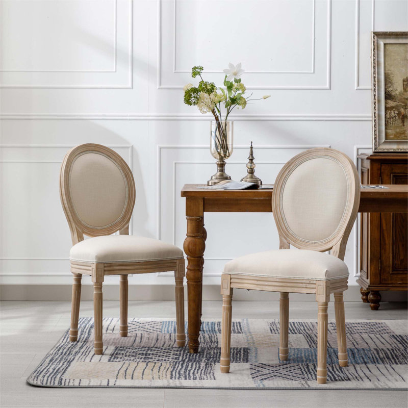 French Style Solid Wood Frame  Linen Fabric Oval Back Dining Chair,Set Of 2