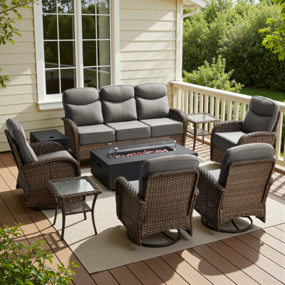 8- Piece Outdoor Porch Sofa Conversation Set With Split-Type Fire Pit Table & Swivel Chairs