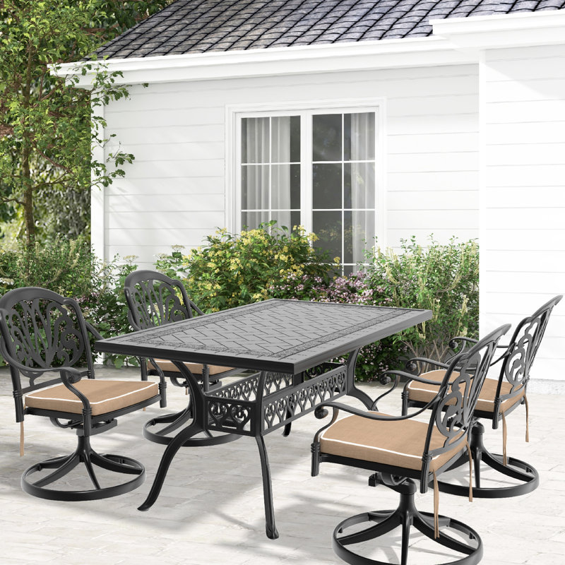 5 chaises en fonte d'aluminium pour l'extérieur: 4 chaises pivotantes et table rectangulaire, noir, motifs exquis, sièges confortables, protégés, coussins fournis, assemblage facile: fabrication, aire de repos,