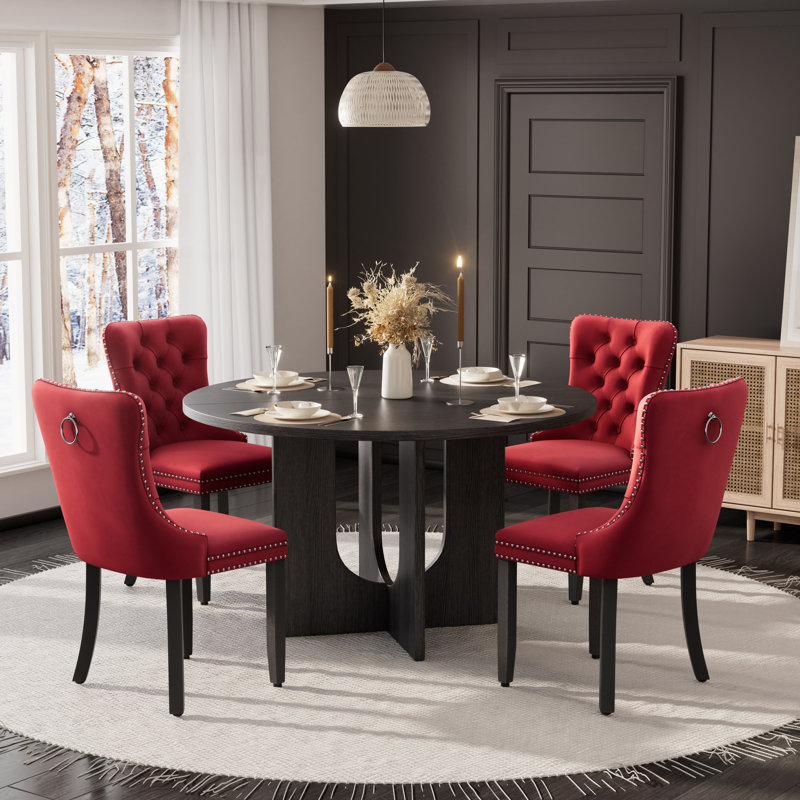 Wooden Farmhouse Dining Table Set, Round Dining Table with Tufted Velvet Dining Chair for Dining Room, Burgundy