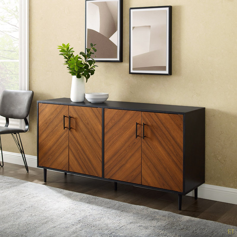 Mid-Century Modern Faux-Bookmatch Door Buffet -Solid, Walnut