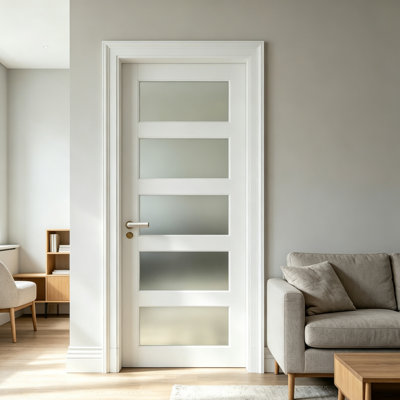 Porte-fenêtre à cinq carreaux en verre dépoli, 61 x 203 cm (24 po x 80 po), préassemblée, style Shaker, âme pleine, sans quincaillerie, blanche, pour chambre, salon ou bureau.