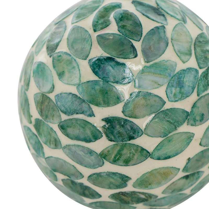 Set of 3 Decorative Ceramic Orbs with Green Capiz Shell Mosaic, 4” Accent Spheres for Mantel, Tabletop, Tray, Bowl, or Centerpiece Display