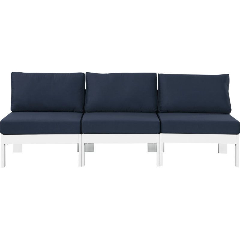 Kylis 90'' Wide Aluminum Patio Sofa with Cushions, White, Navy