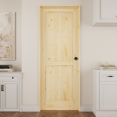 Interior 2‑Panel Pine Wood Door, Colonial Natural Solid Pine Prehung Door, with Jamb Kit, Seal Strip, Right Hand Inswing, Black Hinges & Round Knob, Unfinished & Paintable Door, for Pantry, Bedroom, Bathroom, Closet & Living Room, 36"x 80"