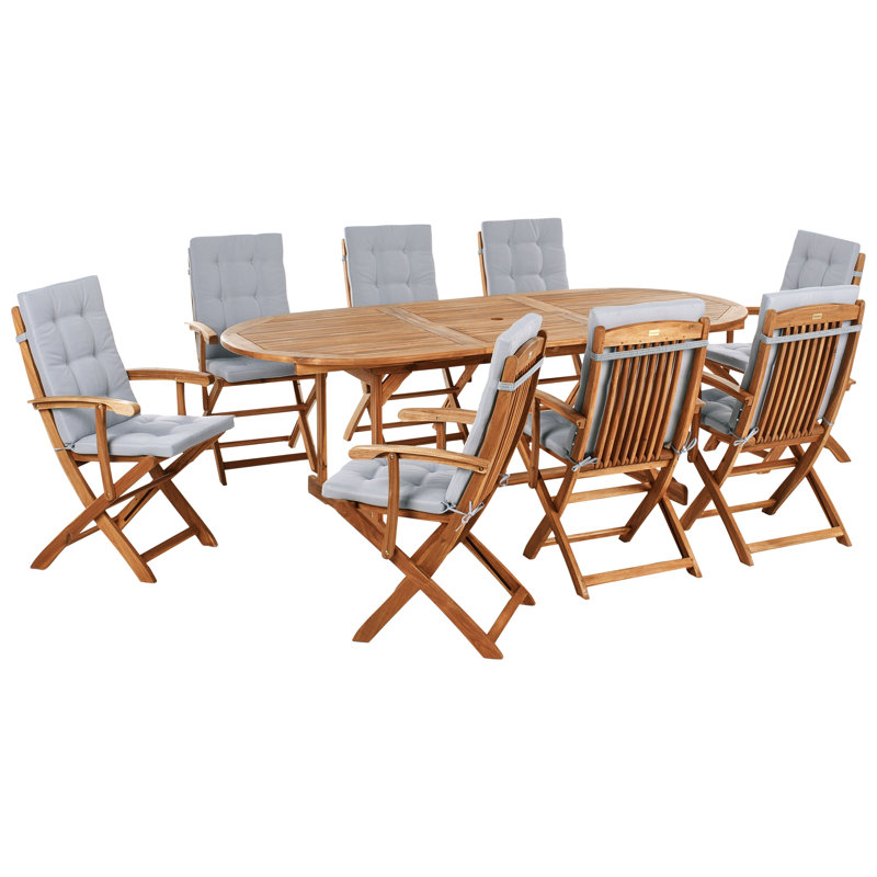 8 - Person Acacia Patio Dining Set with Oval Table , Cushions Included, Natural Wood/Grey