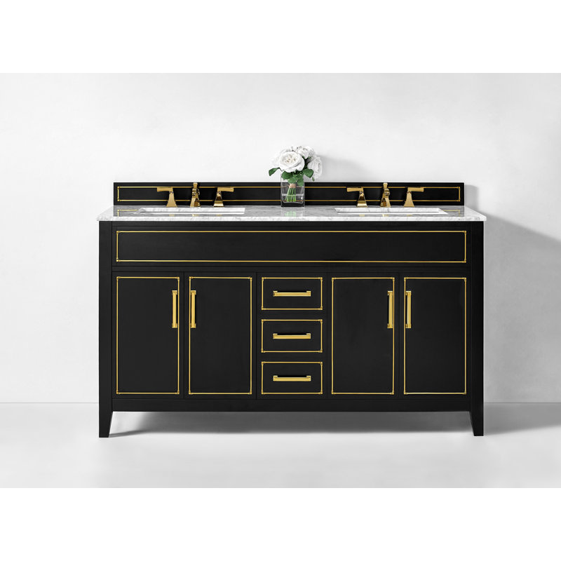 Aspen 60'' Double Bathroom Vanity with Carrara Marble Top, Gold, Black Onyx
