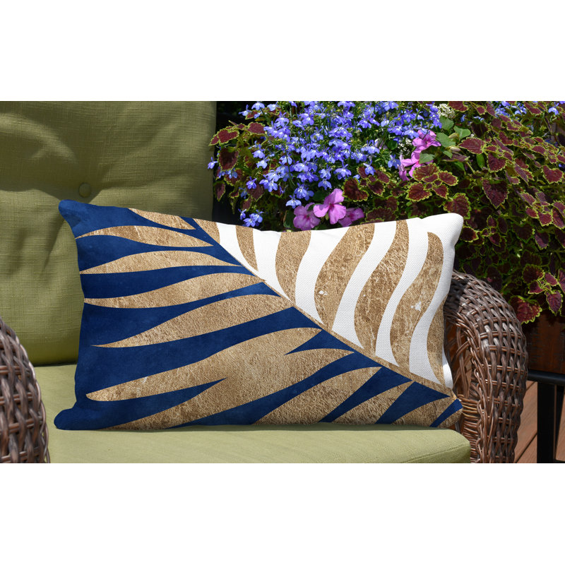 Coussin lombaire intérieur / extérieur Pom Fern, Bleu marine / or / blanc