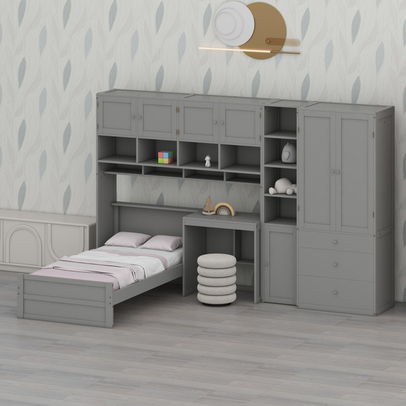 Unité de lit peu encombrante avec bureau, tiroirs, garde-robe et étagères, Gris