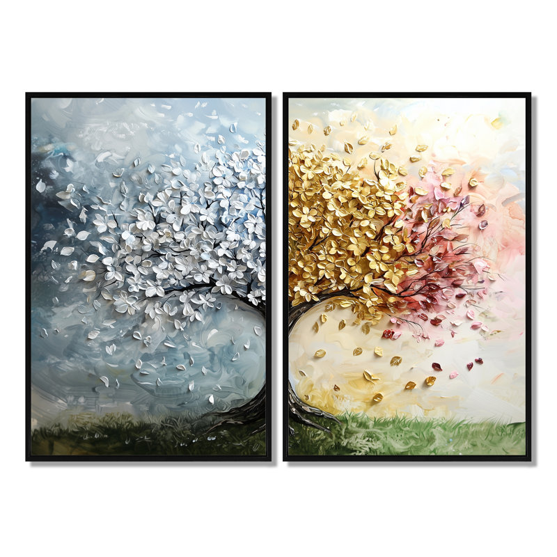 Arbre de vie quatre saisons II - art mural bleu 2 pièces, 36" H x 48" W, Impression encadrée flottante, Black