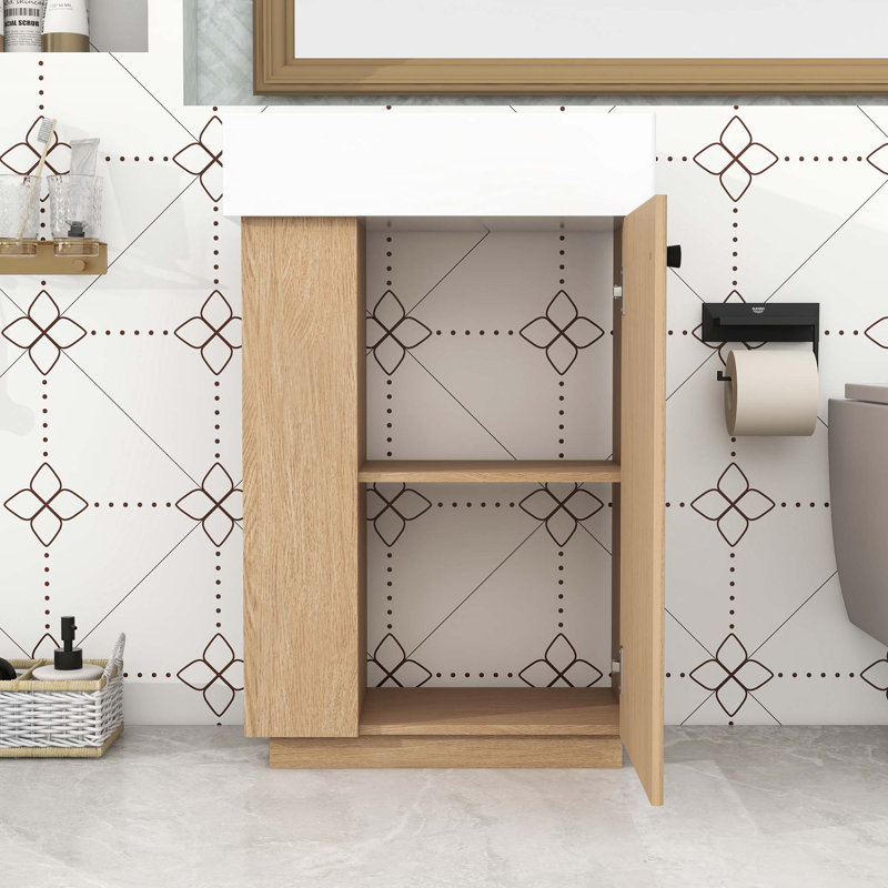 Meuble-lavabo de salle de bain avec lavabo en céramique, porte à fermeture en douceur et tablettes réglables