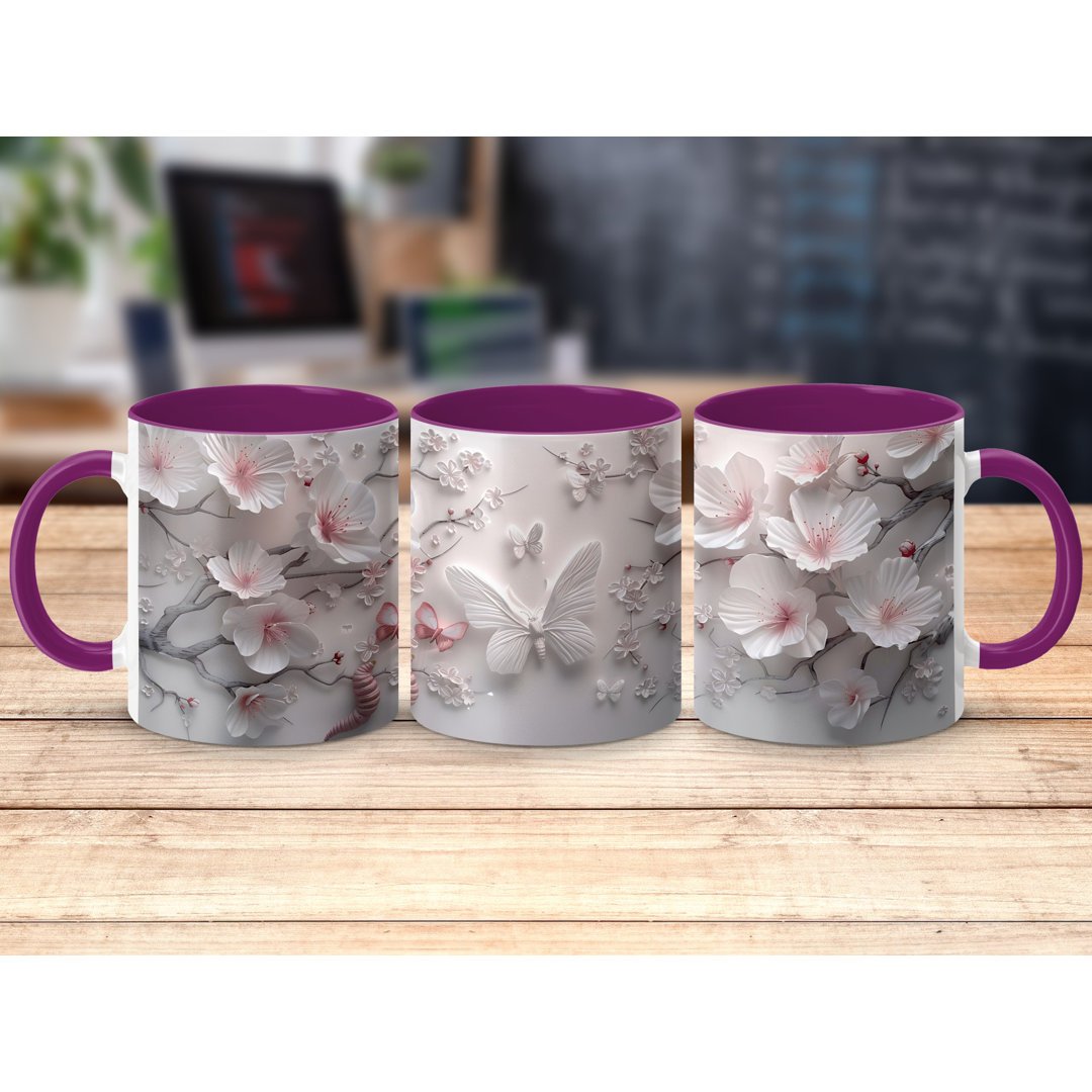 Set of 2 Butterfly Design 11oz Accent Mugs – White Ceramic Coffee Cup with a Purple Handle and Interior