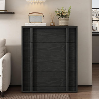 Modern Vertical Handle Bedside Table – 4 Drawers Black Wooden Bedside Cabinet – Compact Storage for Bedroom, Living Room, Entryway, Dorm – Anti-Tip – Black bas-relief