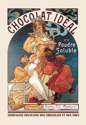 « chocolat idéal » par alphonse mucha affiche rétro, H 66 po x l 44 po x P 1,5 po