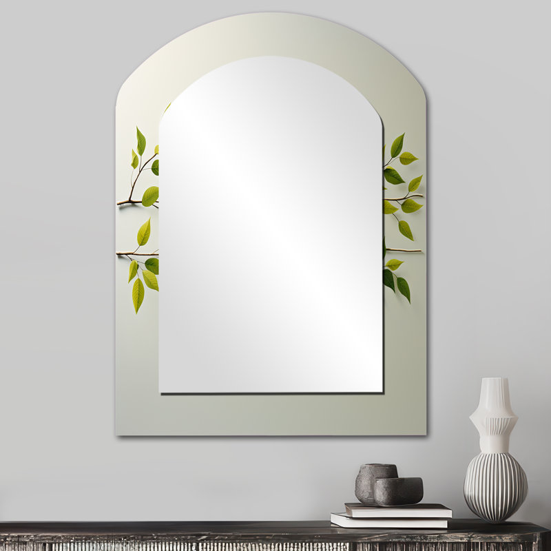 Green Ferm Simple Collage - Leaves Arch Unique Wall Mirror, Traditional Asymmetrical Mirror, Printed Metal Art, 34" x 25"