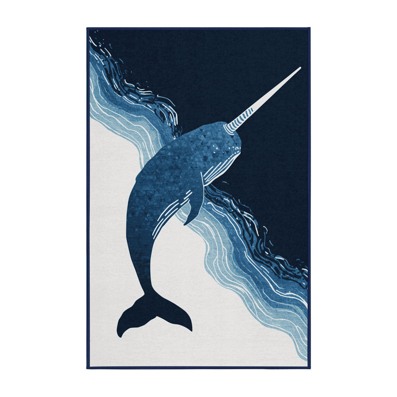 Machine Washable Peirsen Narwhal Modern & Contemporary Ombre Rug in Blue – Navy Binding, 3x5