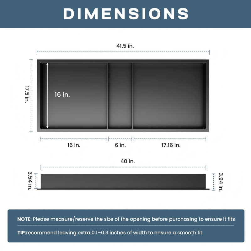 16" W X 40" H X 4" D Waterproof Recessed Shower Niche With 3 Shelves In Matte Black, No Tile Needed, Matte Black