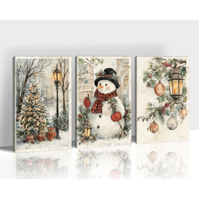 Ensemble de 3 toiles décoratives de Noël, motif rustique de bonhomme de neige, style hivernal, style vintage, scène de forêt festive pour l'entrée, 51 x 76 cm (3 pièces).