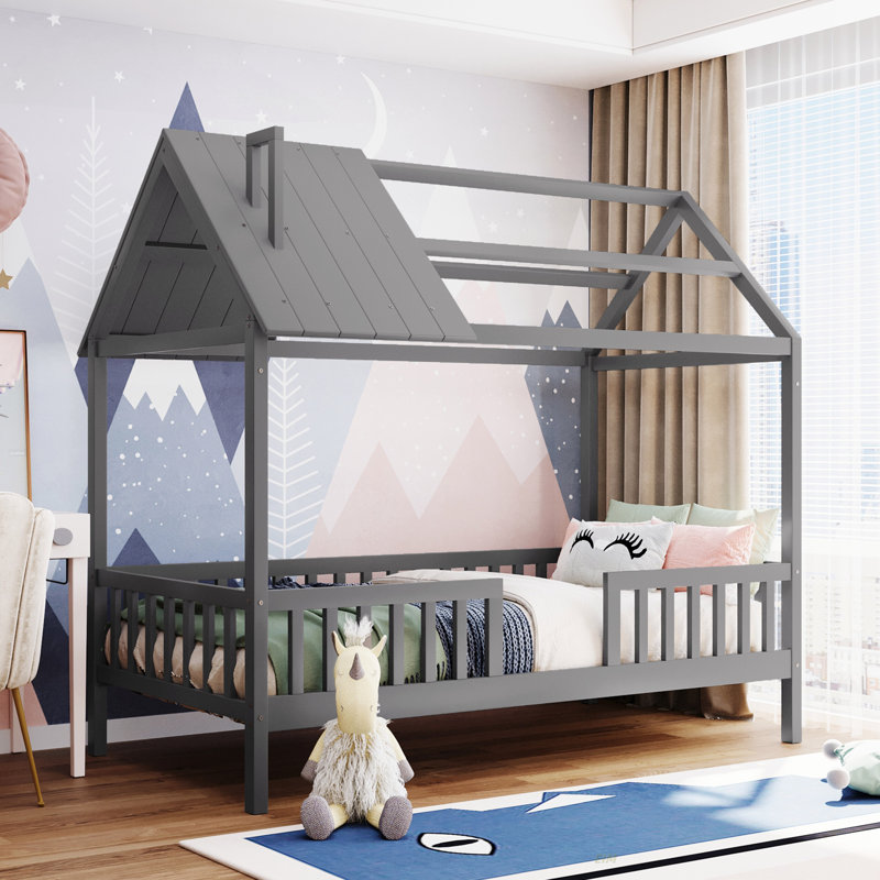 Lit simple en bois avec clôture (lit), Gris
