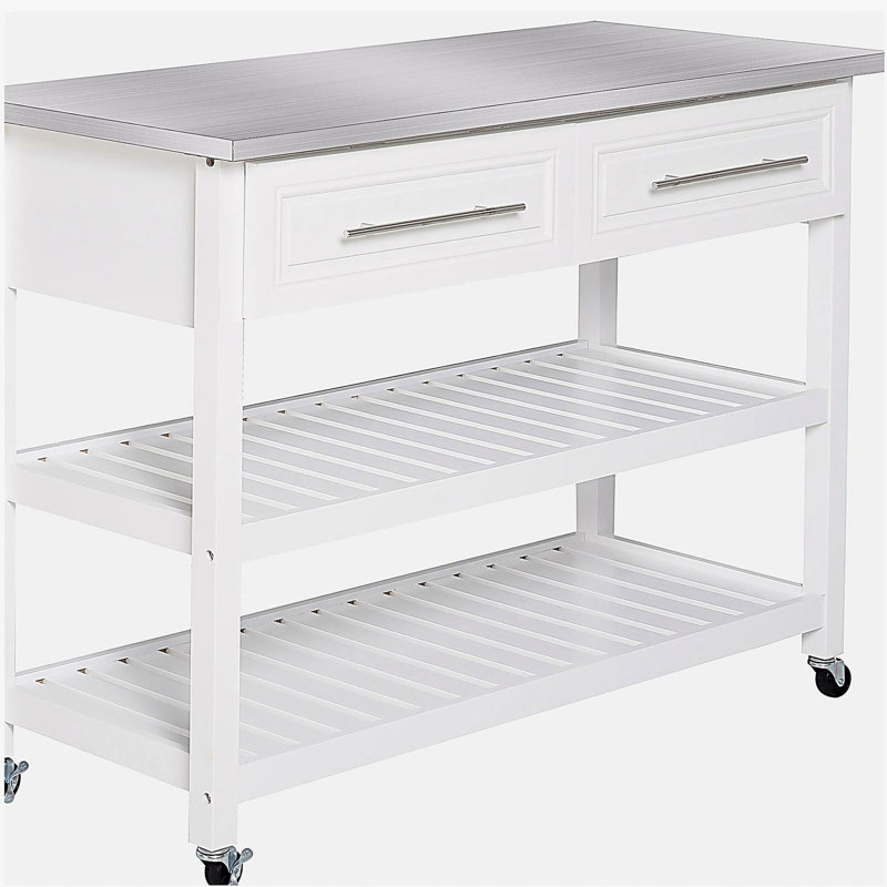 Îlot de cuisine en acier inoxydable avec tablettes ouvertes et tiroirs, gris