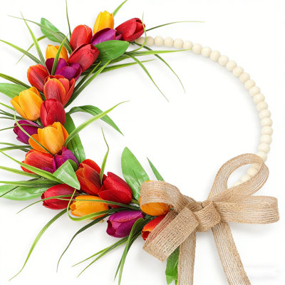 Couronne décorative à suspendre pour porte d'entrée, fleurs artificielles et perles de bois, décoration printanière pour la maison, rouge, jaune, violet
