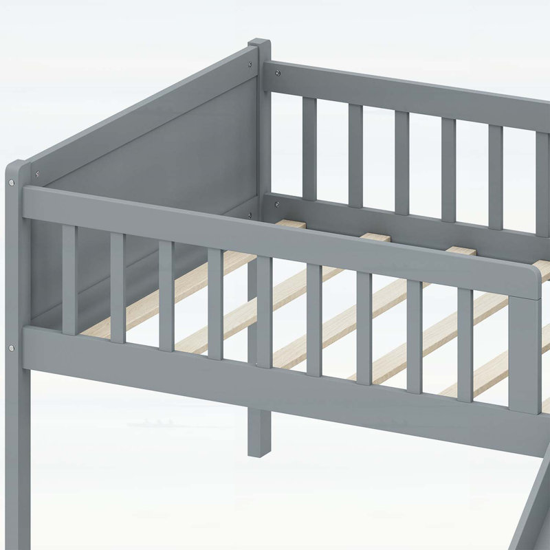 Lit plateforme simple avec tablette de rangement, glissoire et échelle, Gris