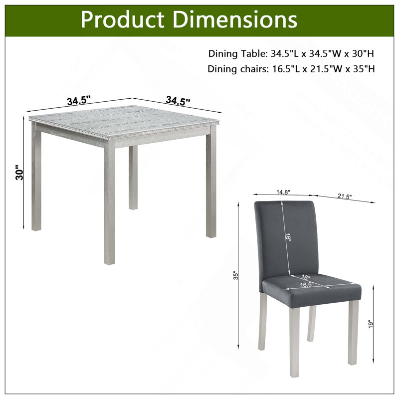 Ensemble de table de salle à manger en bois 5 pièces, ensemble de table de cuisine avec une table carrée et 4 chaises rembourrées, table de salle à manger en bois avec décoration en cristal et ensemble de chaises pour la cuisine, la salle à manger, gris argenté