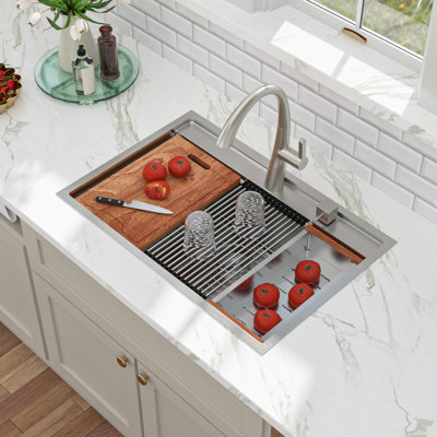 33'' L x 22'' W Drop-In Workstation Kitchen Sink, Single Bowl Stainless Steel Kitchen Sink with Sink Grid, Strainer, Cutting Board, Colander and Roll-up Rack