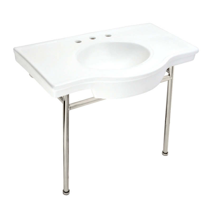 Lavabo de salle de bain console en céramique avec trop-plein, Blanc / nickel poli