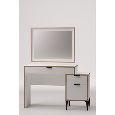 Ensemble de coiffeuse maquillage avec miroir mural sans cadre et piédestal de rangement latéral, blanc