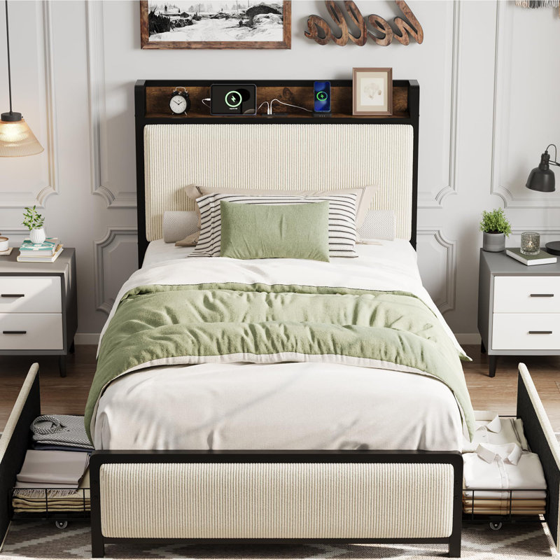 Rustic Linen Upholstered Platform Bedframe,  Storage Headboard/2 Storage Drawers/Charging Station, Beige