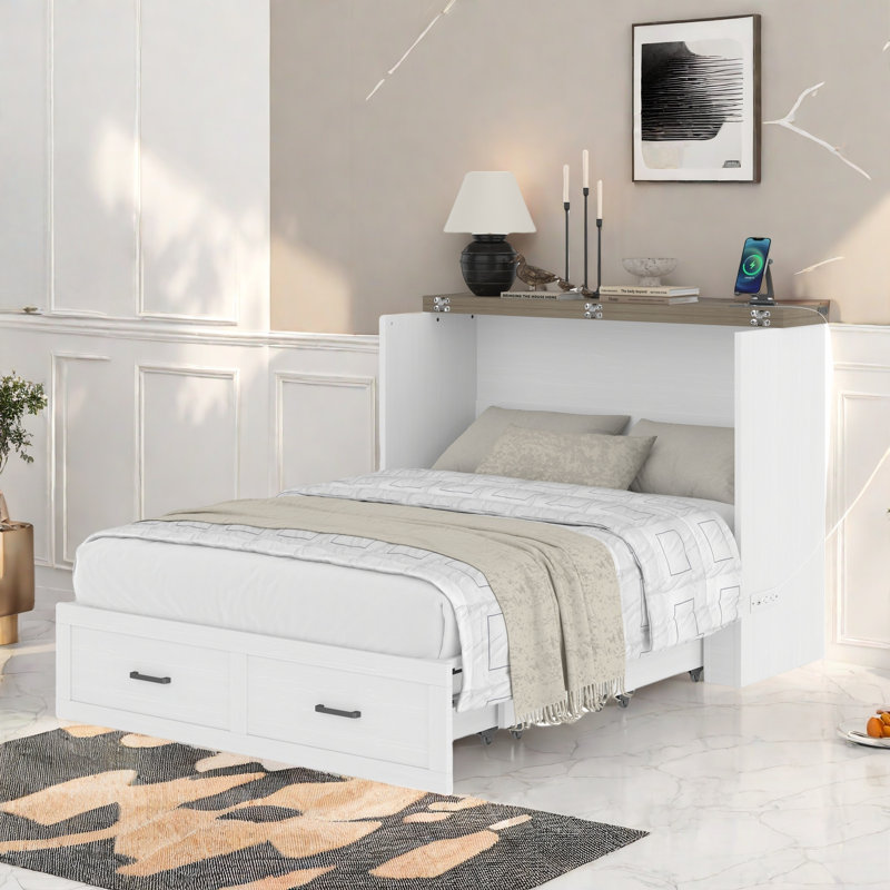 Multi-functional Foldable Murphy Bed  With Charging Station And 1 Large Storage Drawer, White, Full