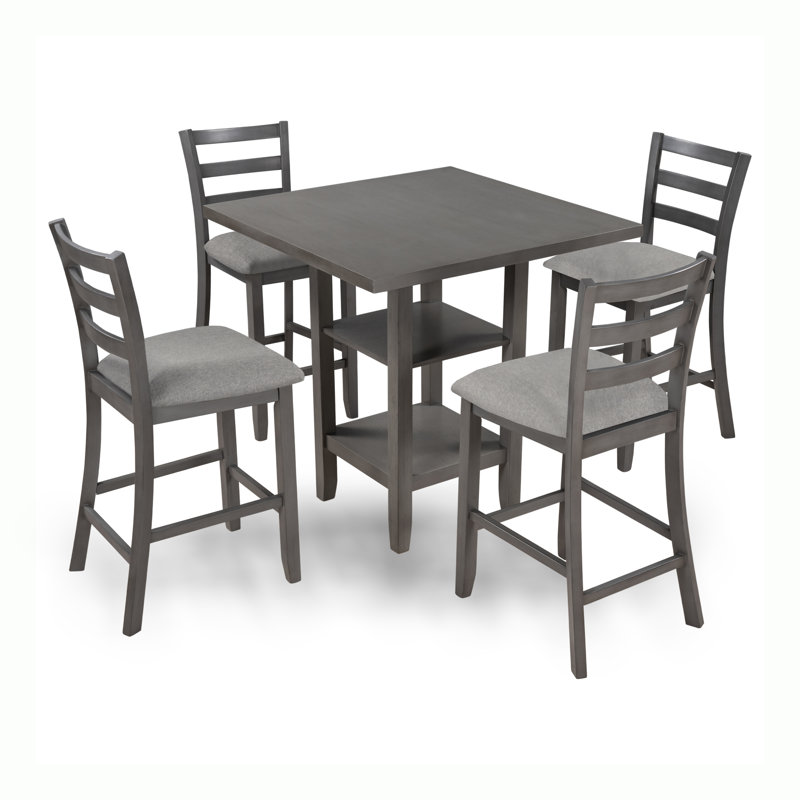 Ensemble de salle à manger 4 personnes à hauteur de comptoir en bois massif avec tablettes de rangement, gris, gris