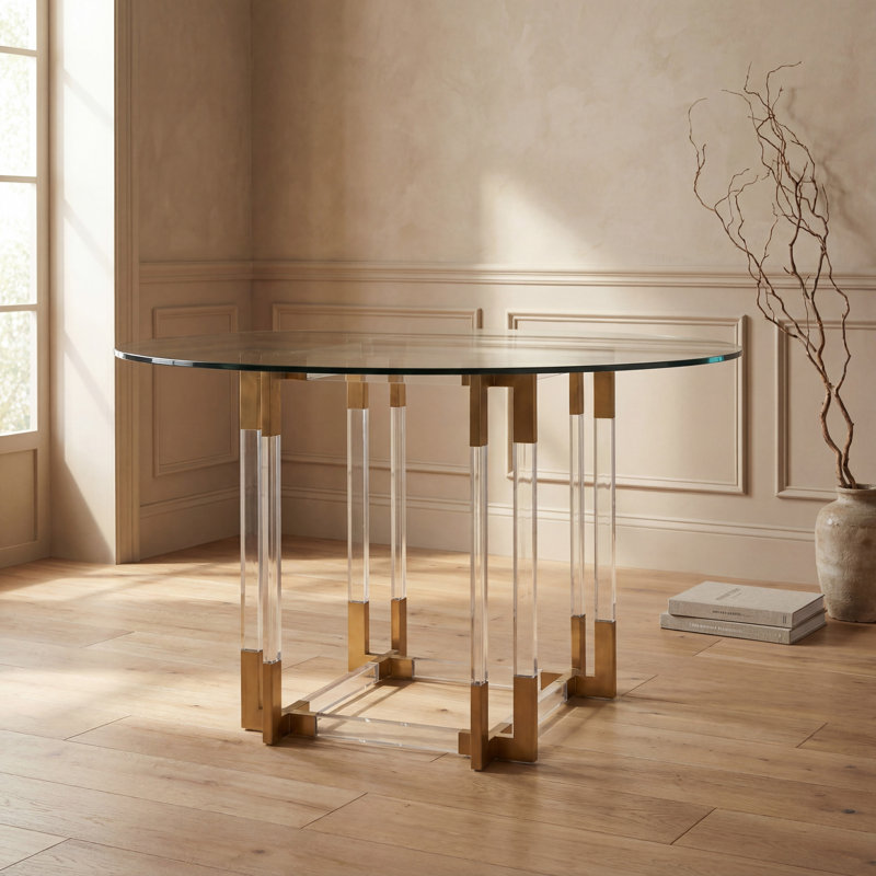 Reiner Round Dining Table, 30"H x 54"L x 54"W, Gold/Clear