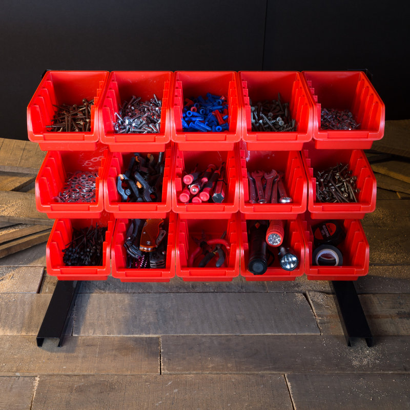 Stalwart 15 Bin Storage Rack Organizer - Durable Carbon Steel with Stackable Plastic Drawers