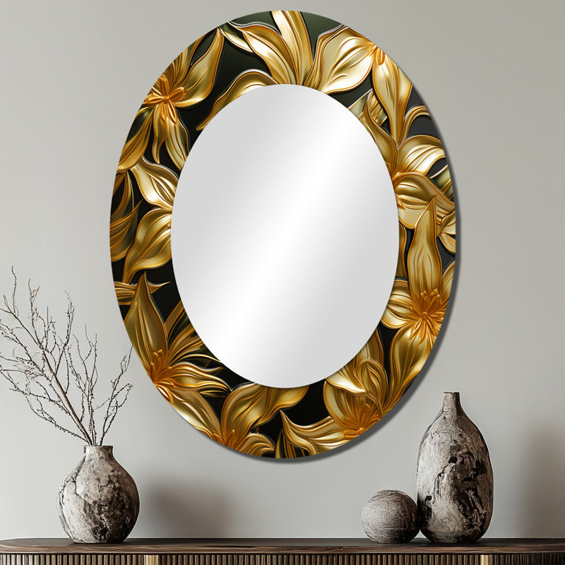 Golden Lily Flower Glam On Black IV - Floral Oval Decorative Mirror On Metal, 40" x 30"